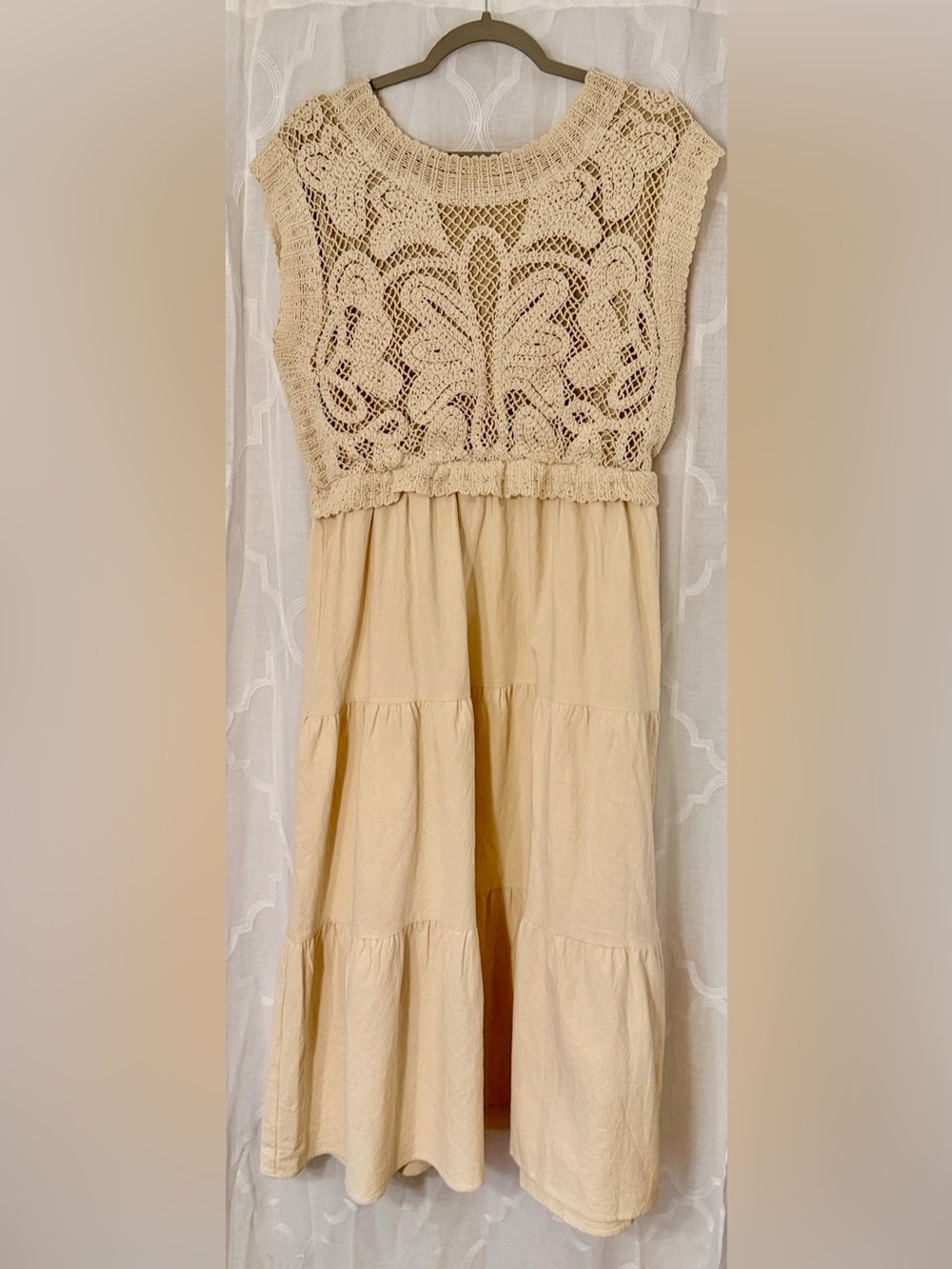 Polagram Cream Crochet Bodice Tiered Midi Dress | Large